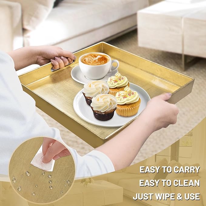 MAONAME Gold Decorative Tray with Handles, Foil Serving Tray for Ottoman, Square Coffee Table Trays for Living Room, Bathroom, 13" L x 13" W x 1.6" H