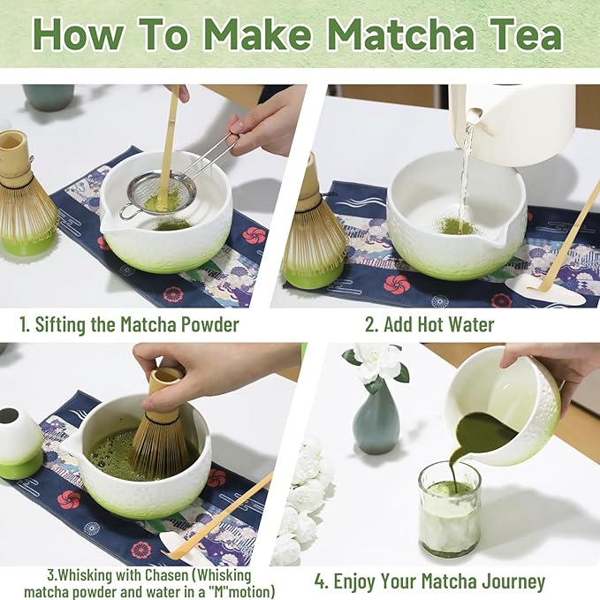 Matcha Whisk Set, 7Pcs Green Matcha Kit for Ceremony, Handcrafted Gifts for Women, Traditional Ceramic Matcha Bowl with Spout, Bamboo Whisk and Holder, Tea Set for Matcha Lovers, Gift for Christmas