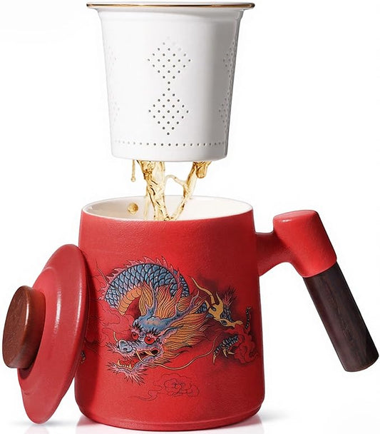 Porcelain Tea Cup with Infuser and Lid,Ceramic Tea Mug for Loose Leaf,Tea Strainer Cup with Wood Handle,Chinese Dragon Red Cup,All Ceramic Infuser,BPA-Free for Tea Lovers/Birthday/Valentine's Day