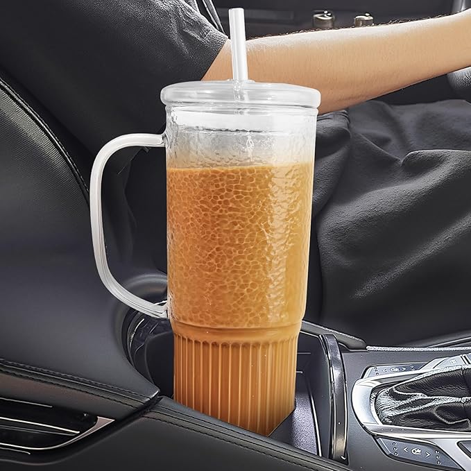 Glass Cups with Lids and Straws,24oz Glass Tumbler with Handle Iced Coffee Cup for Coffee,Juice,Tea,Milk,Smoothie,Hot & Cold Drinks (Clear)