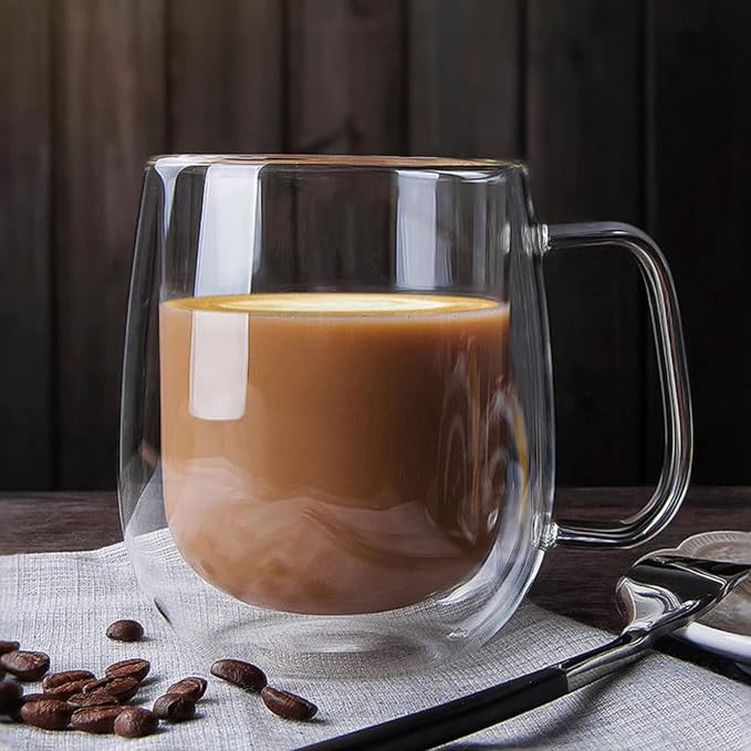 vzaahu Double Wall Coffee Mugs with Handle [2-Pack,12 Oz] 360ml Glasses Espresso Cups of Heat Resistant Clear Glass Mug Set for Cappuccino, Tea, Latte, Ice Beverage