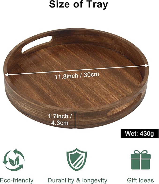 Round Decorative Tray,Wooden Serving Tray with Handles, 11.8in Vintage Brown Decorative Trays for Coffee Table,Kitchen Counter,bandejas decorativas