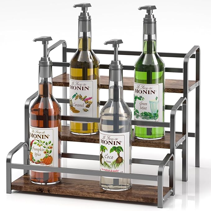 DTUQYX Coffee Syrup Organizer 3-Tier, 12 Bottles Capacity Coffee Syrup Rack, Syrup Stand for Spice, Wine, Liquor, Bottle, Coffee Bar Station Racks Magnetic, No Installation (Dark Wood, Grey)