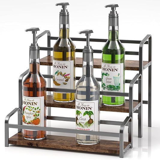 DTUQYX Coffee Syrup Organizer 3-Tier, 12 Bottles Capacity Coffee Syrup Rack, Syrup Stand for Spice, Wine, Liquor, Bottle, Coffee Bar Station Racks Magnetic, No Installation (Dark Wood, Grey)