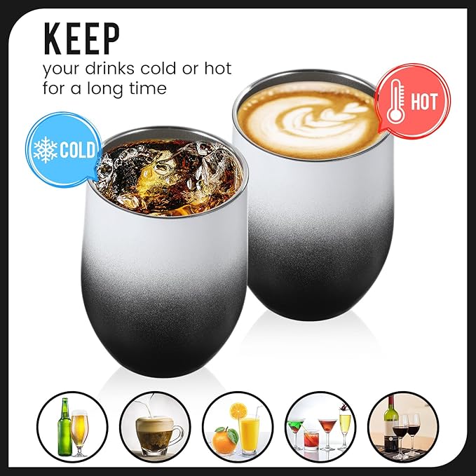 16 Pack Stainless Steel Wine Tumblers 12 oz Insulated Vacuum Wine Cup Set Double Wall Stainless Steel Stemless Mug Glasses for Coffee Soda Whiskey Outdoor Travel (Black and White)