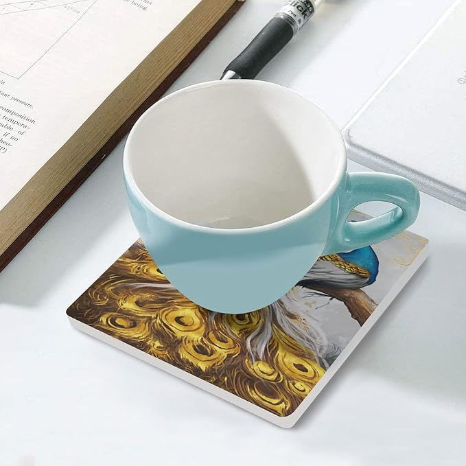 Peacock Drink Coasters, Square Ceramic Drink Coaster Square-6PCS, Tree Branch Vintage Beautiful Gold Peacock Decor Absorbent Ceramic Coasters for Beverage Cup, Bar, Coffee Table