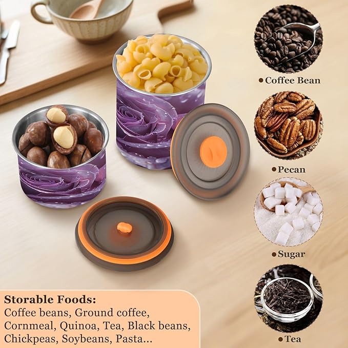 Qilmy Rose Air-Less Vacuum Coffee Storage Container-Airtight Stainless Steel Food Canister with Lid for Beans, Ground Coffee, Tea, Dry Goods, 17oz Kitchen Organizer Jar