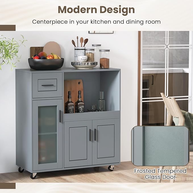 Giantex Rolling Kitchen Island with Storage, Mobile Kitchen Cart with Wheels, Tempered Glass Door, Drawer, 3-Level Adjustable Shelf, Microwave Cart, Coffee Cart Station for Dining Room, Grey