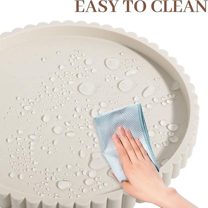 Round Bathroom Tray Silicone Kitchen Counter Decor Vanity Organizer Decorative Coffee Table Tray for Perfume, Candle, Soap Dish, 12 Inch, Beige