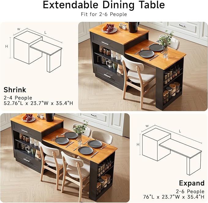 ONBRILL 76" Kitchen Islands with Extendable Dining Table, 2-4 Island Table with Double-Side Storage, Mobile Storage Islands Cart with Power Outlet & Spice Rack, Black