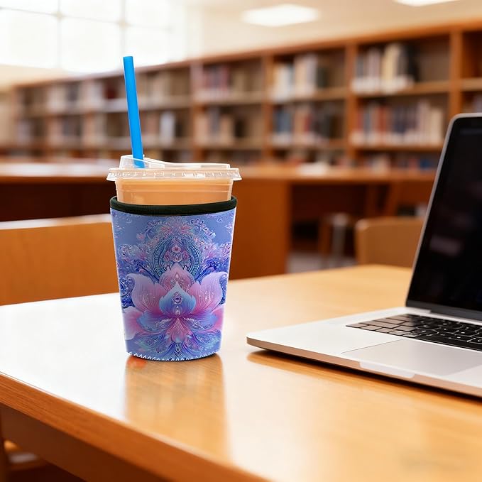 Boho Lotus Flower Iced Coffee Sleeve Set of 3 Reusable Neoprene Cup Holder for Cold Drinks Fits 16oz 24oz 30oz Cups Aesthetic Insulated Cup Sleeve