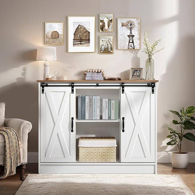 4 EVER WINNER 42" Coffee Bar Cabinet, Sideboard Cabinet with Adjustable Shelf for Kitchen, Farmhouse Buffet Cabinet with Storage