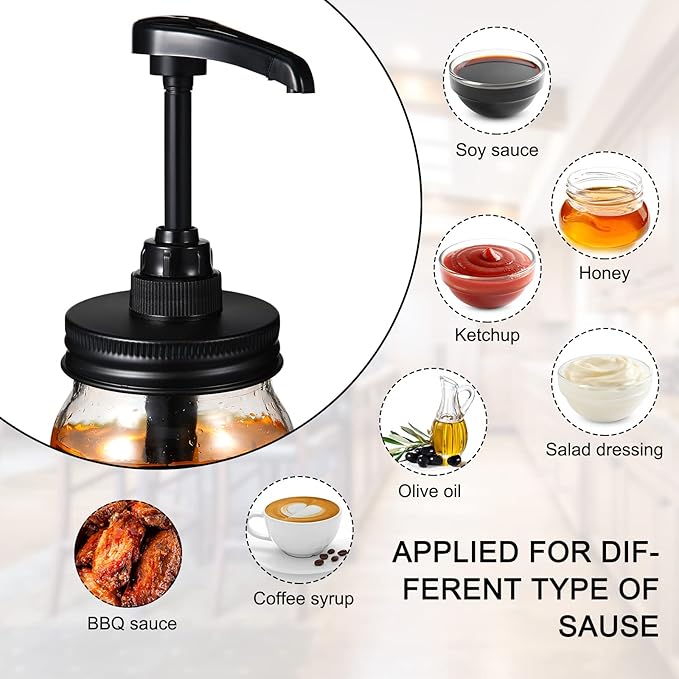 Meanplan 4 Pack Mason Canning Jar Syrup Dispenser Coffee Syrup Dispenser Pump Lids Set with Labels and Pen Honey Pump for 16 oz Regular Mouth Mason Canning Jars
