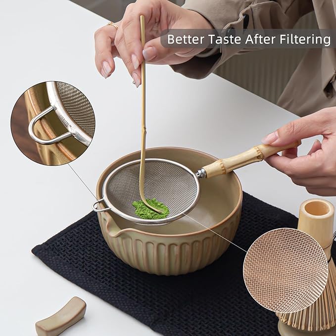 Matcha Whisk Set, Matcha Set Includes Ceramic Matcha Bowl, Matcha Whisk and Holder, Bamboo Scoop, Sifter, Scoop Rest and Tea Towel - 7 Pcs Matcha Making Kit for Matcha Lover and Tea Ceremony