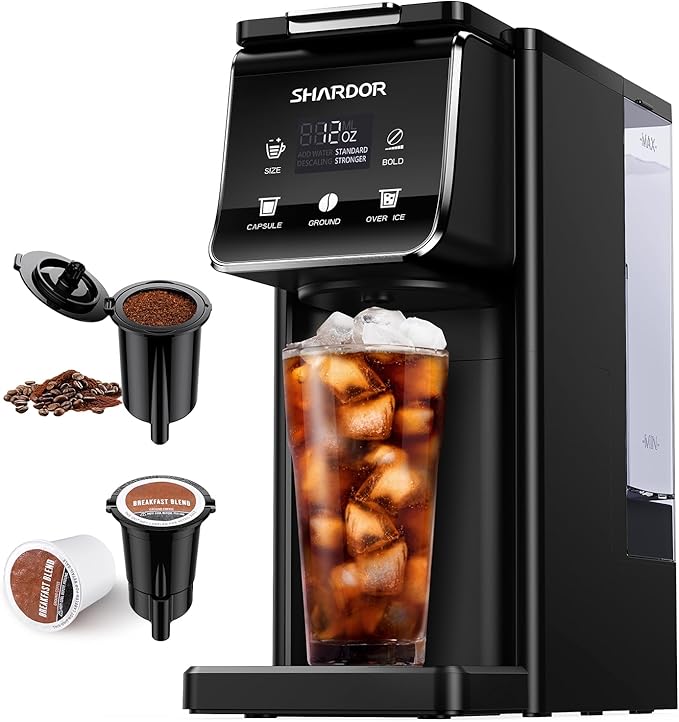 SHARDOR Coffee Maker Hot & Iced With Bold Setting,Single Serve Coffee Maker For K Cup And Grounds，52 Oz Removable Water Tank,6-14 Oz Brew Sizes,One Cup Kcup Coffee Machine With Reusable Filter, Black