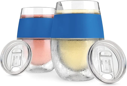 Host Cooling Wine Freeze Cup with Lid, Set of 2 Plastic Double Wall Insulated Tumbler Drink Cup with Freezing Gel for Red and White Wine, Blue