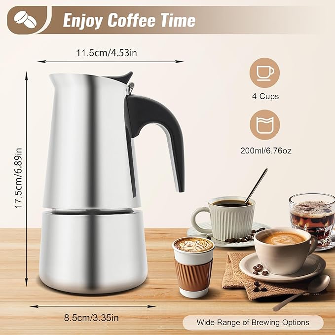 Stovetop Espresso Maker, Stainless Steel Moka Pot Coffee Pot Mocha Greca Machine Maker Multifunctional Moka Pot for Home and Camping (4 Cup)