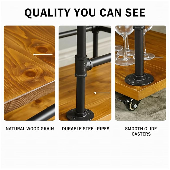 Industrial Pipe Bar Carts/Serving Carts/Kitchen Carts/Wine Rack Carts on Wheels with Shelves - Wood Rolling Carts - Wine Tea Liquor Shelves/Holder - Home Furniture