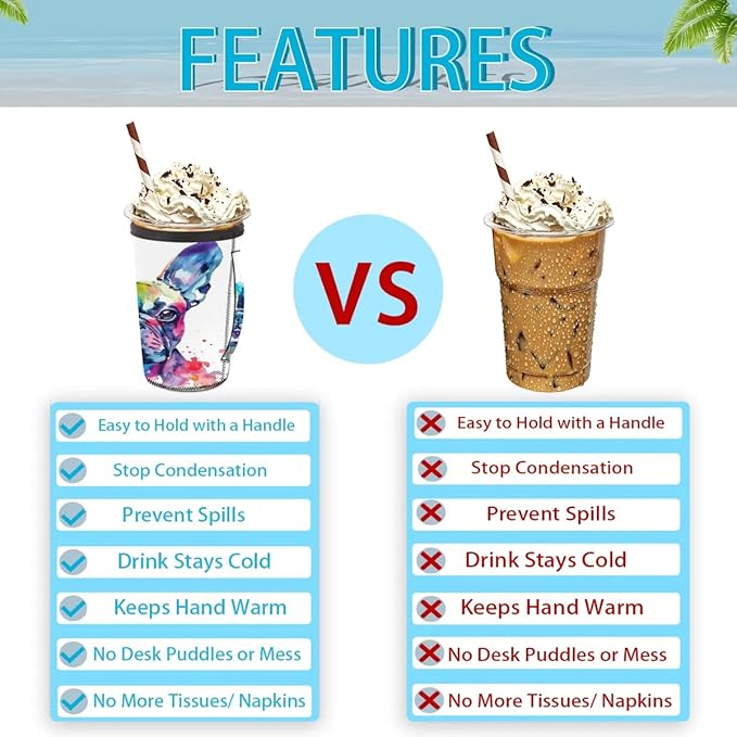 Reusable Iced Coffee Sleeve with Handle, Watercolor French Bulldog Neoprene Cup Sleeve Dog Pattern Insulator Cup Holder for Cold Drinks Beverages 16oz - 18oz
