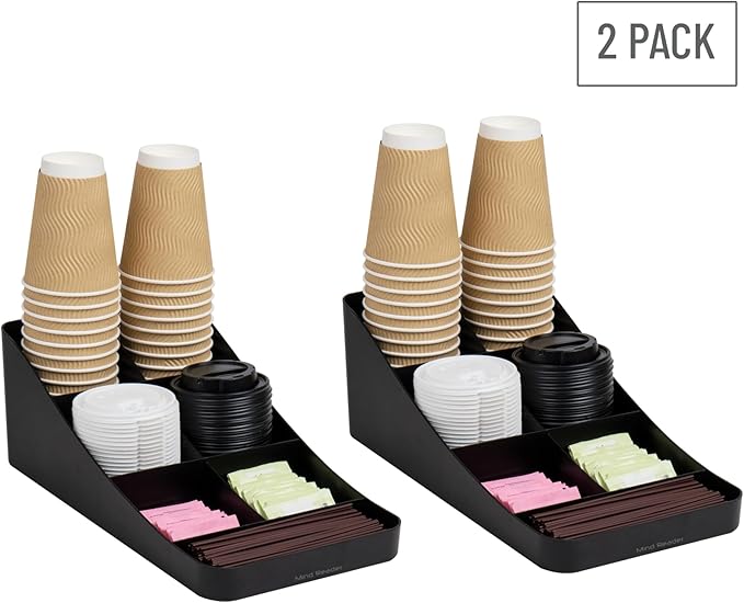 Mind Reader Cup and Condiment Station, Set of 2, Countertop Organizer, Coffee Bar, Kitchen, 7.25"L x 15.5"W x 5.25"H, Black