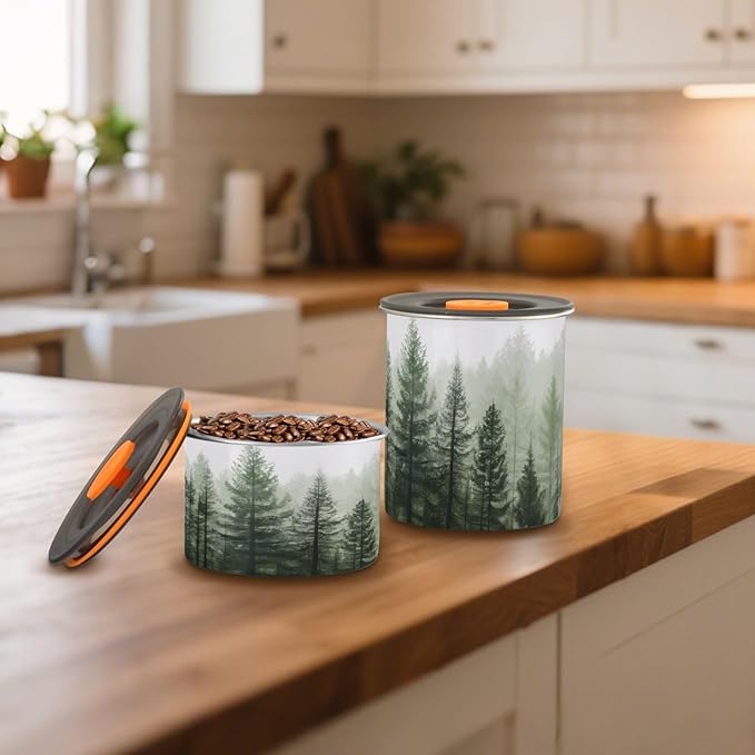 Pine Trees Airtight Food Canister, 17oz Stainless Steel Storage Jar for Coffee Beans Tea Grains Snacks, Kitchen Organizer Decor