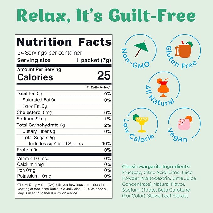Craftmix Classic Margarita Cocktail & Mocktail Drink Mixer, Skinny Mixes - Water Flavoring Packets - Made With Real Fruit - Vegan, Low-Carb, Low-Sugar, Non-GMO, Dairy Free, Gluten Free, 24 Pack