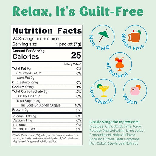 Craftmix Classic Margarita Cocktail & Mocktail Drink Mixer, Skinny Mixes - Water Flavoring Packets - Made With Real Fruit - Vegan, Low-Carb, Low-Sugar, Non-GMO, Dairy Free, Gluten Free, 24 Pack