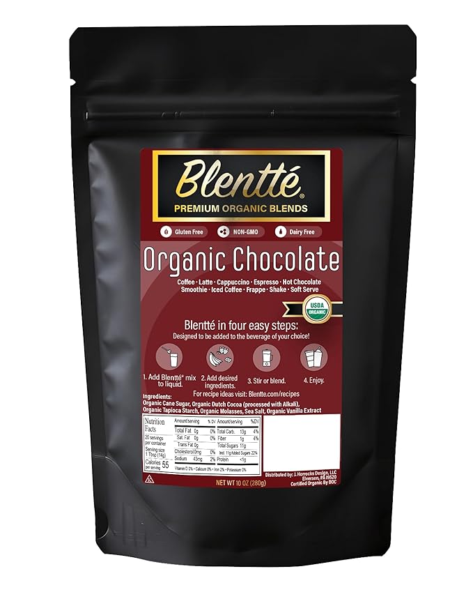 Blentte - Organic Chocolate Mix – Vegan Cocoa Powder for Coffee, Latte, Smoothies & Shakes – Dairy-Free, Gluten-Free, Non-GMO Blend with Cane Sugar & Rich Dutch Cacao – Resealable Pouch – 10 oz