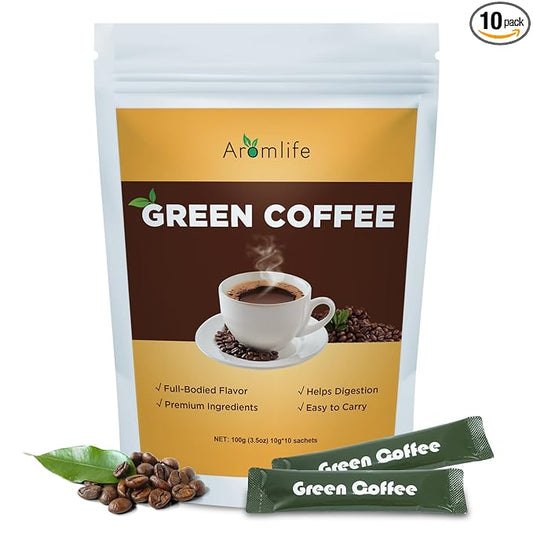 Aromlife Herbal Green Coffee Drink with Ginseng, 10 Sachets, Green Coffee Bean & Botanical Blend, with Smooth Full-Bodied Flavor, Gluten-Free