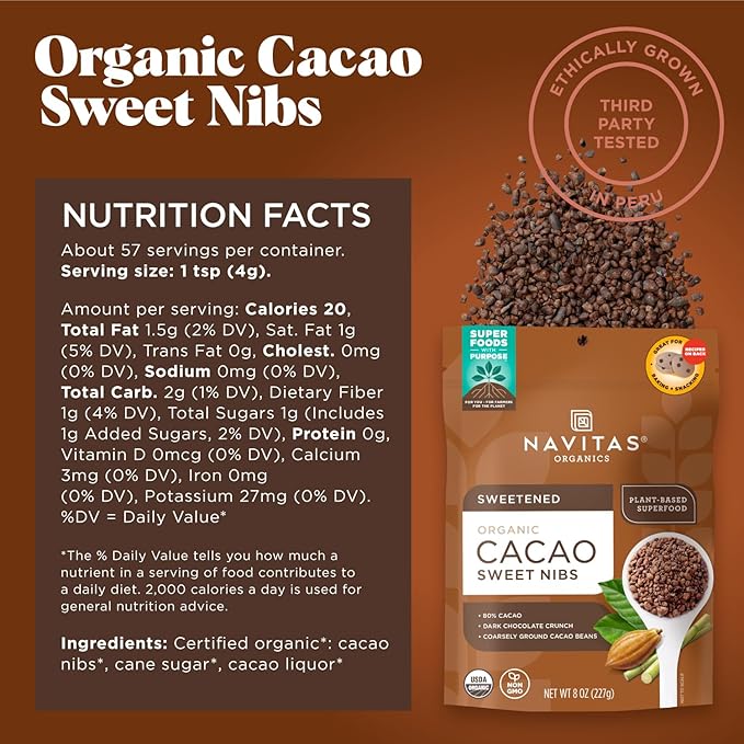 Navitas Organics Cacao Nibs – Sweetened Dark Chocolate Crunch – Antioxidants, Minerals, Fiber – For Trail Mix, Baking & More – USDA Organic, Fairtrade, Non GMO, Gluten Free, Non-alkalized (8oz. Bag 57 Servings)