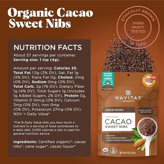 Navitas Organics Cacao Nibs – Sweetened Dark Chocolate Crunch – Antioxidants, Minerals, Fiber – For Trail Mix, Baking & More – USDA Organic, Fairtrade, Non GMO, Gluten Free, Non-alkalized (8oz. Bag 57 Servings)