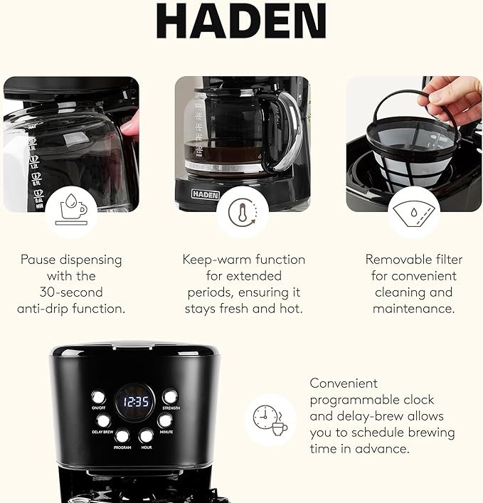 Haden Coffee Machine, 12 Cup Programmable Drip Coffee Maker with Auto Shut-Off Function and Reusable Washable Water Filter, Black & Chrome