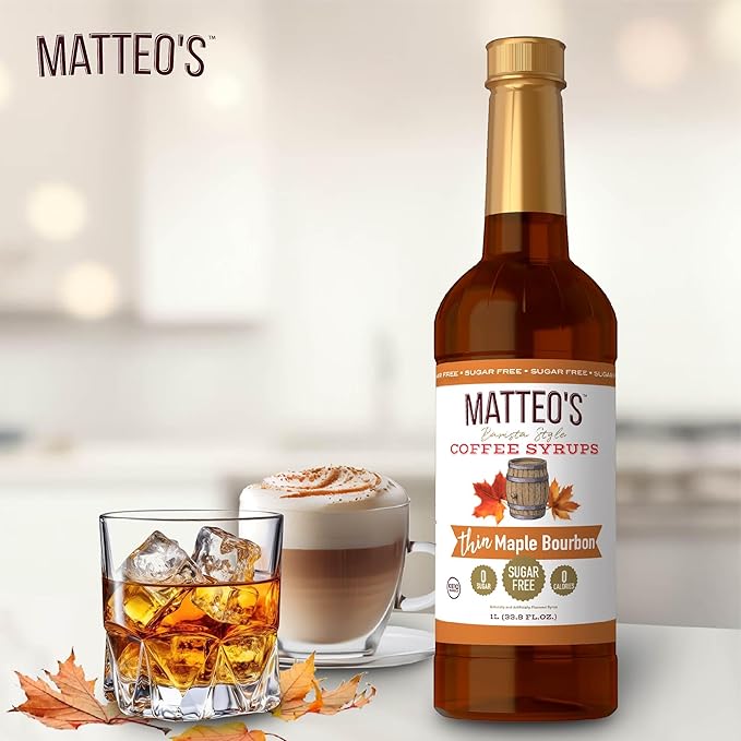 Matteo's Maple Bourbon Syrup for Coffee, Lattes, Cappuccinos & Desserts – Sugar-Free Sweetener for Beverages, Keto Friendly, Zero Calories, Indulgent Flavor, Non-Alcoholic, 33.8oz (6pk)