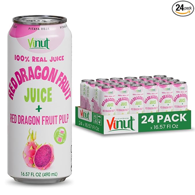 VINUT 100% Red Dragon Fruit Juice with Pulp (Pitaya), No Added Sugar, Not From Concentrate, 16.57 fl oz (490 mL) Can, Pack of 24