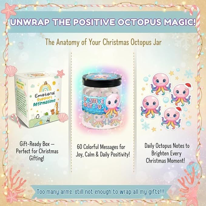 Positive Octopus Jar with 60 Daily Affirmation Cards, Emotional Support Octopus Decor, Inspiring Gift for Women and Men, Cute Motivational Desk Jar Offering Encouragement for Friends or Coworkers