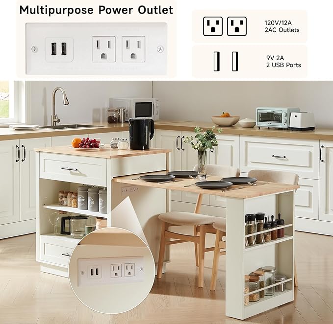 ONBRILL 76" Kitchen Islands with Extendable Dining Table, 2-4 Island Table with Double-Side Storage, Mobile Storage Islands Cart with Power Outlet & Spice Rack, White