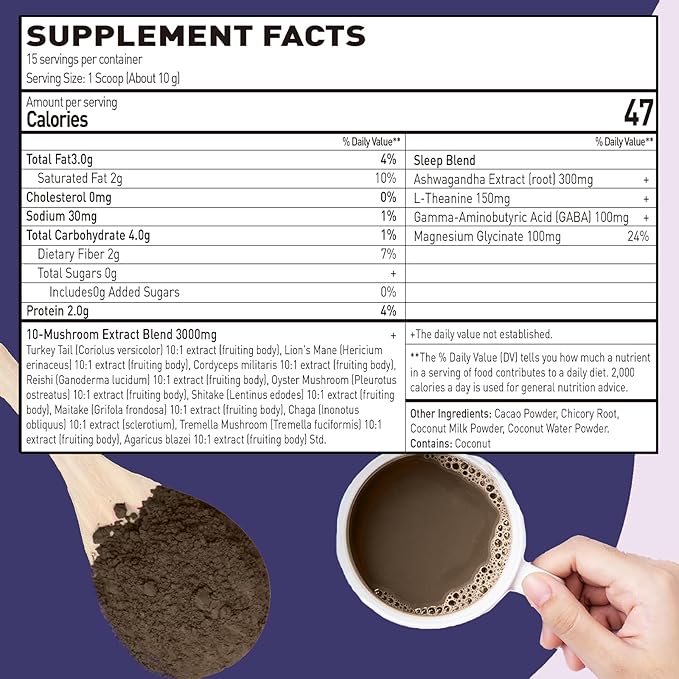 10 Mushroom Hot Cocoa for Sleep, Sugar Free Keto Cocoa Powder, Nighttime Drink,100mg Magnesium Glycinate, 100mg GABA, 150mg L-Theanine, Help Fall Asleep and Stay Asleep, 15 Servings