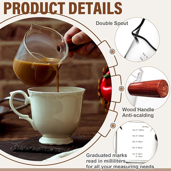 Zubebe 2 Pack 150 Ml/ 5 oz Double Spouts Espresso Shot Glasses with Wood Handle Measuring Triple Pitcher Milk Cup Clear Espresso Measuring Cup Glass for Barista Coffee Measure