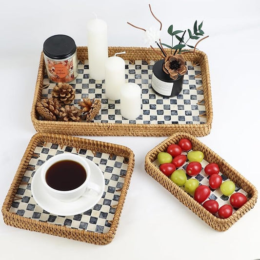 Set of 3 Rattan Serving Trays, Rectangle Tea Coffee Tray with Mother of Pearl Inlay, Natural Decorative Wicker Basket for Home Decor, Bathroom, Kitchen Counter