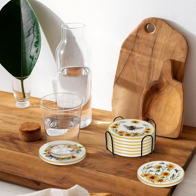 Drink Coasters for Drinks Set of 6, Watercolor Sunflower Cute Bee Absorbent Round Ceramic Stone Mat, with Cork Base and Metal Holder, Home Bar Decor House Warming Gift