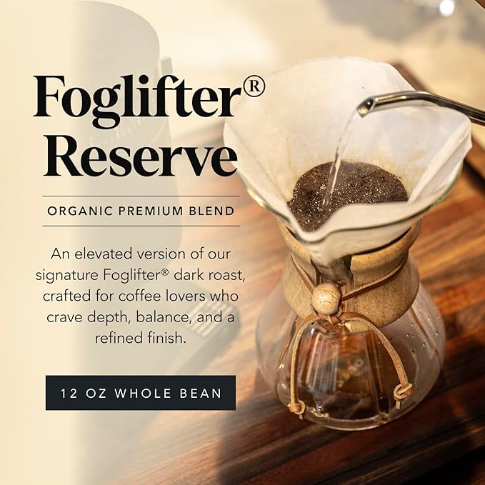 Carmel Valley Coffee Roasting Foglifter® Reserve – Whole Bean Organic Dark Roast Coffee, Connoisseur's Premium Blend, Citrus Zest & Toffee Notes, 12 Ounce Bag (Pack of 1)