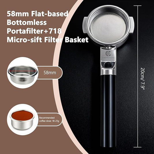 Espresso Accessories, 58mm Flat-Based Bottomless Portafilter with Dual-Layer 718 Micro-Sift Filter Basket, Anodized Aluminum Handle, Fits E61 Group Head Espresso Machines