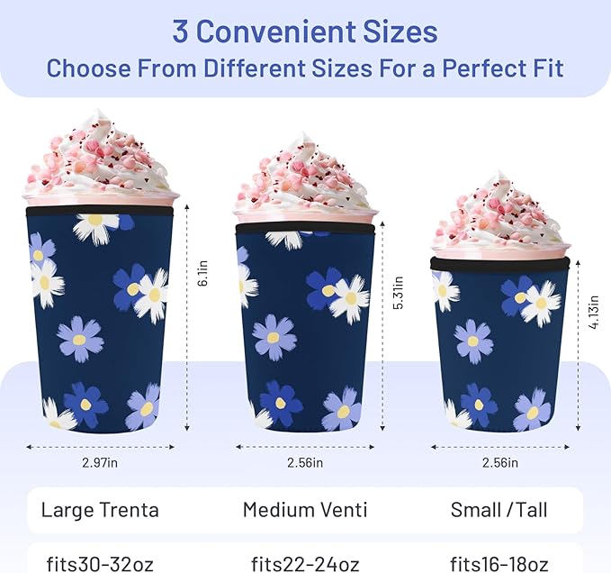 Iced Coffee Sleeve Reusable Cup Sleeves for Cold Drinks Neoprene Koozie Cozy Plastic Cup Covers for Drinks, Blue White Floral