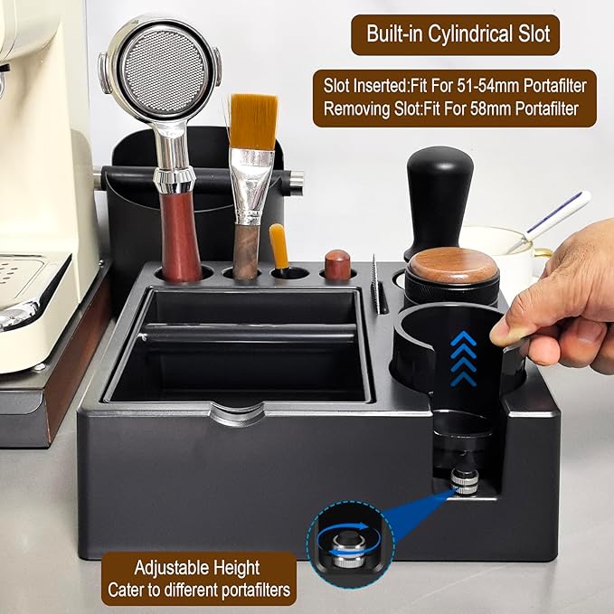 Espresso Tamping Station And Knock Box,ALL in 1 Espresso Organizer Station,Multifunctional Tamper Station Fit for 51/54/ 58mm Espresso Accessories,Removable Knock Box Espresso Station (Black, 51-58mm)