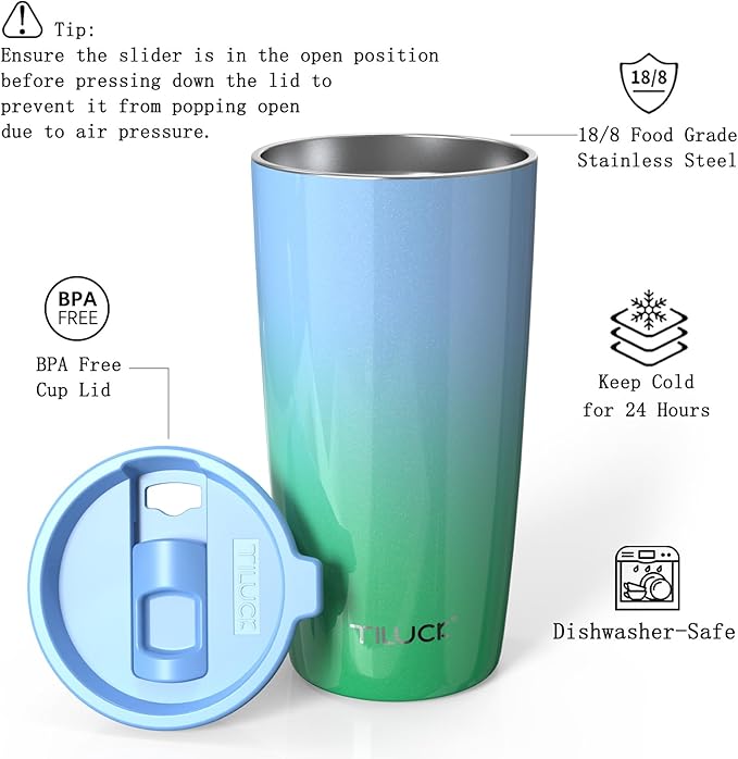 TILUCK 20 oz Tumbler with Lid, Vacuum Insulated Stainless Steel Coffee Mug, Double-Walled Travel Tumbler for Hot and Cold Drinks(GlitterGreenBlue, 20oz)
