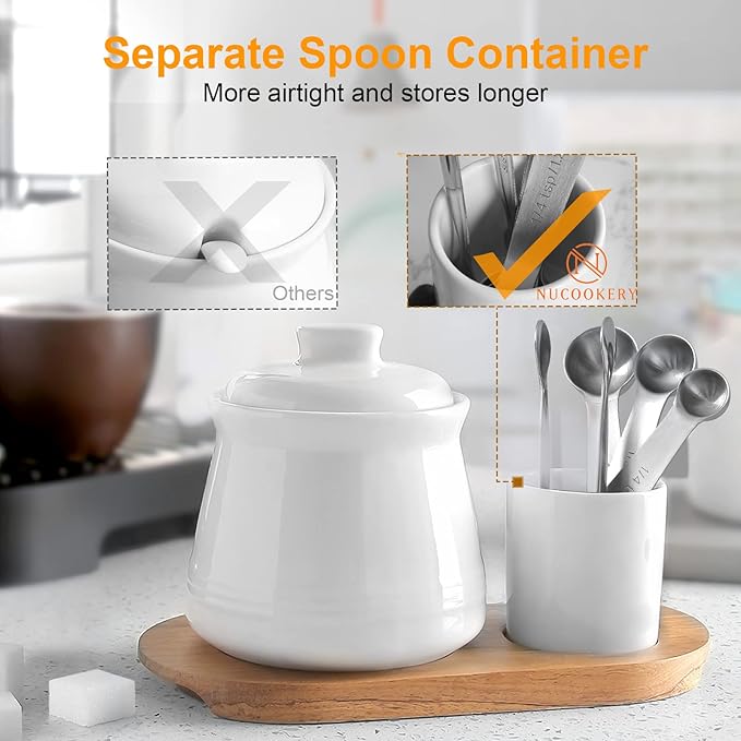 Nucookery Porcelain Sugar Bowl Set – 14 Ounce Large Sugar Jar with Lid and Measuring Spoon – Deluxe Salt Bowl with Spoons – Practical Design with No Notch Lid – Elegant Salt Container White