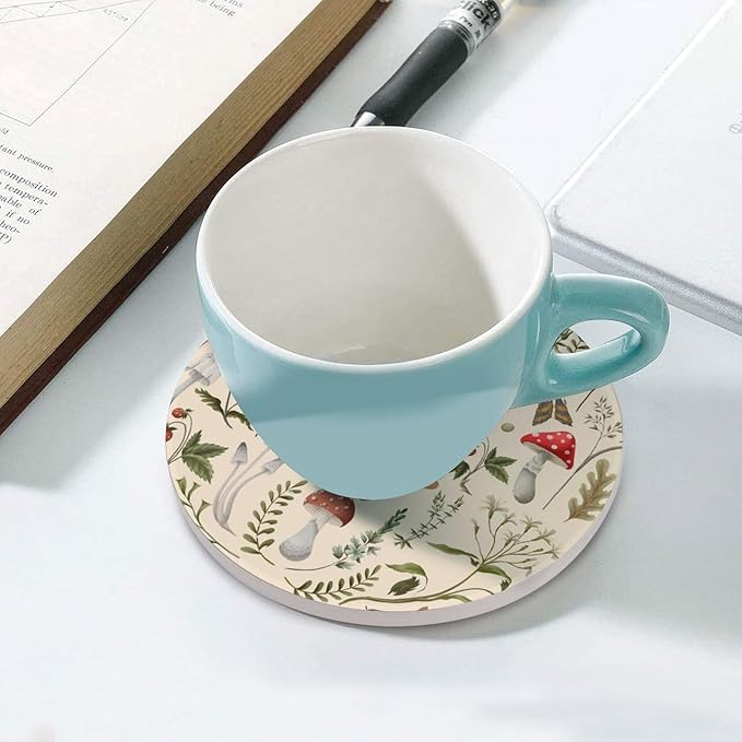 Botanical Drink Coasters, Round Ceramic Drink Coaster Round-4PCS, Nature Cartoon Botanical Leaves Mushroom Plants Pattern Decor Absorbent Ceramic Coasters for Beverage Cup, Bar, Coffee Table