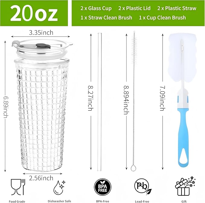 20oz Glass Cups with Lids and Straws,2 Pack Reusable Glass Tumbler for Cold & Hot Drinks Wide Mouth Travel Mug for Smoothies Cocktails Beer Tea Juice and Iced matcha Coffee Cups with Lids