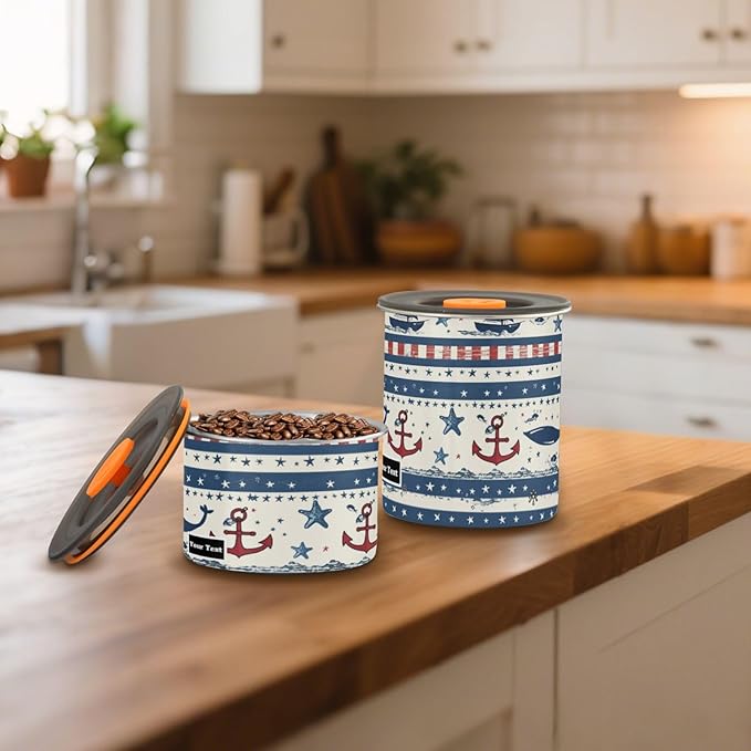 ALAZA Sailboat Anchor Stars Stripe Kitten Cats Airtight Coffee Bean Canister Customed 900ml Food Storage Containers with Lids For Gournd, Tea, Sugar, Flour, Rice, Cereal, Candy Cookie Jar