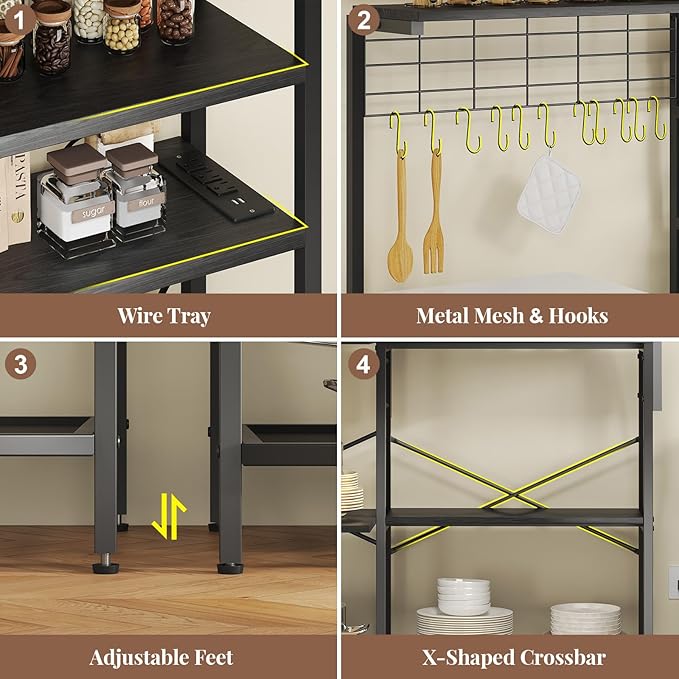 iabifo L-Shaped Bakers Rack with Power Outlet, 6-Tier Microwave Stand with Open Storage, Coffee Bar with Hooks, Mesh Grid, Kitchen Shelf with Wire Basket, Black